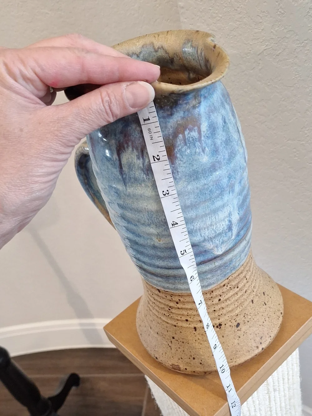 Vintage Speckle Stoneware Pitcher With Blue Drip Glaze Earthenware